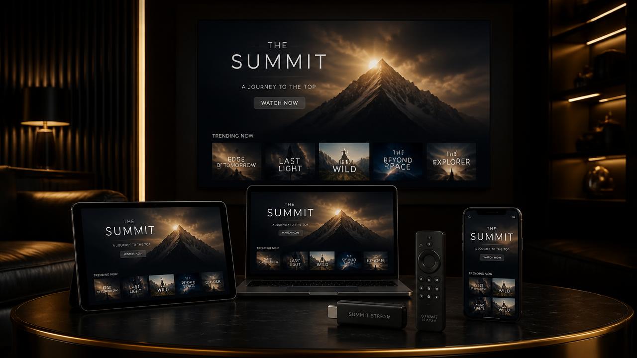 TV, laptop, tablet, phone and streaming stick showing the AurumStream interface