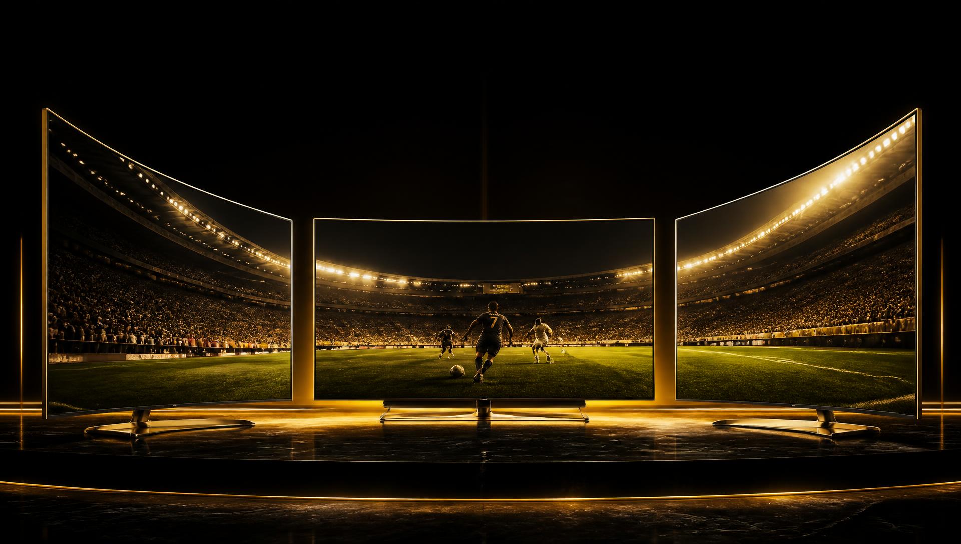 Curved premium televisions showing a live stadium match in a dark golden room